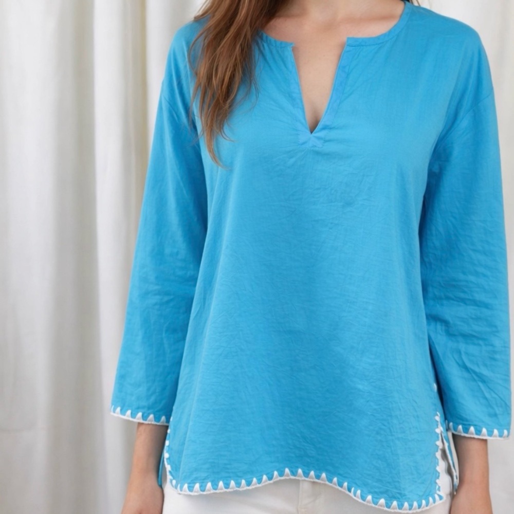 NWT Madison Mathews Turquoise Blue Split Neck Cotton Tunic w/ White Embroidery S